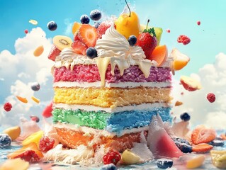 Multilayered ice cream cake with rainbow colors, topped with fruits and cream, 3D illustration