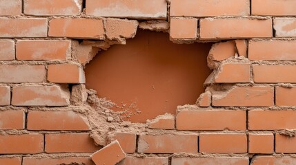 Obraz premium A damaged brick wall with a large hole in the center surrounded by broken and cracked bricks and loose mortar.