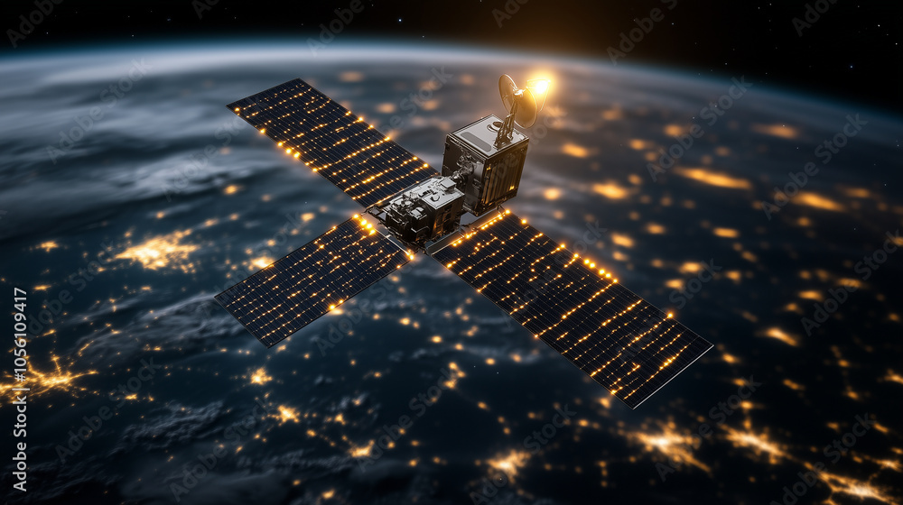 Aufkleber a satellite orbits over a vibrant, illuminated earth, with intricate patterns of light radiating fro