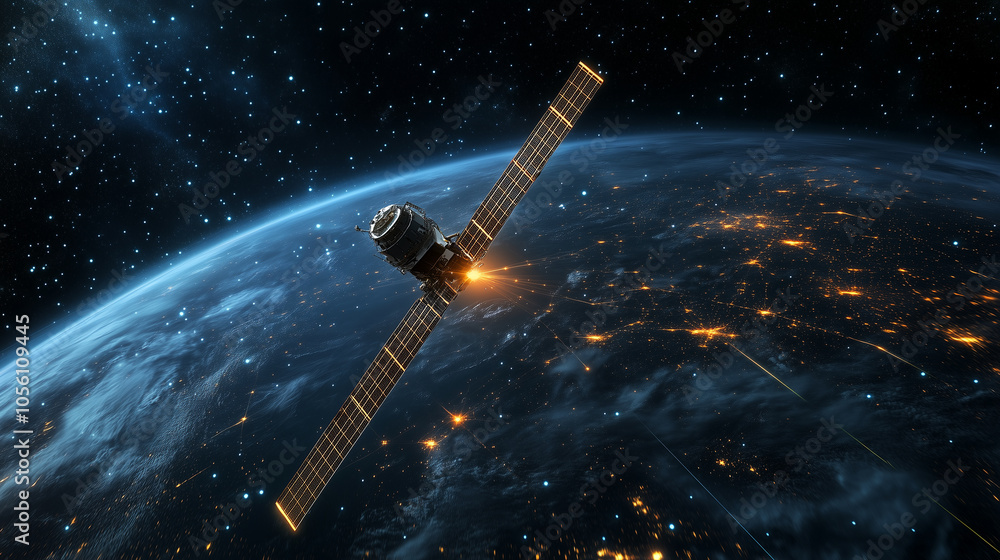 Poster a satellite orbits over a vibrant, illuminated earth, with intricate patterns of light radiating fro