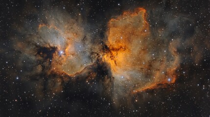 Obraz premium A vibrant nebula glows in the vast expanse of space, with a swirling, fiery cloud of gas and dust illuminated by distant stars.