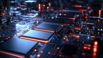 A close-up of silicon wafers being processed through advanced machinery, with glowing lights and fine-tuned instruments representing the delicate nature of semiconductor production