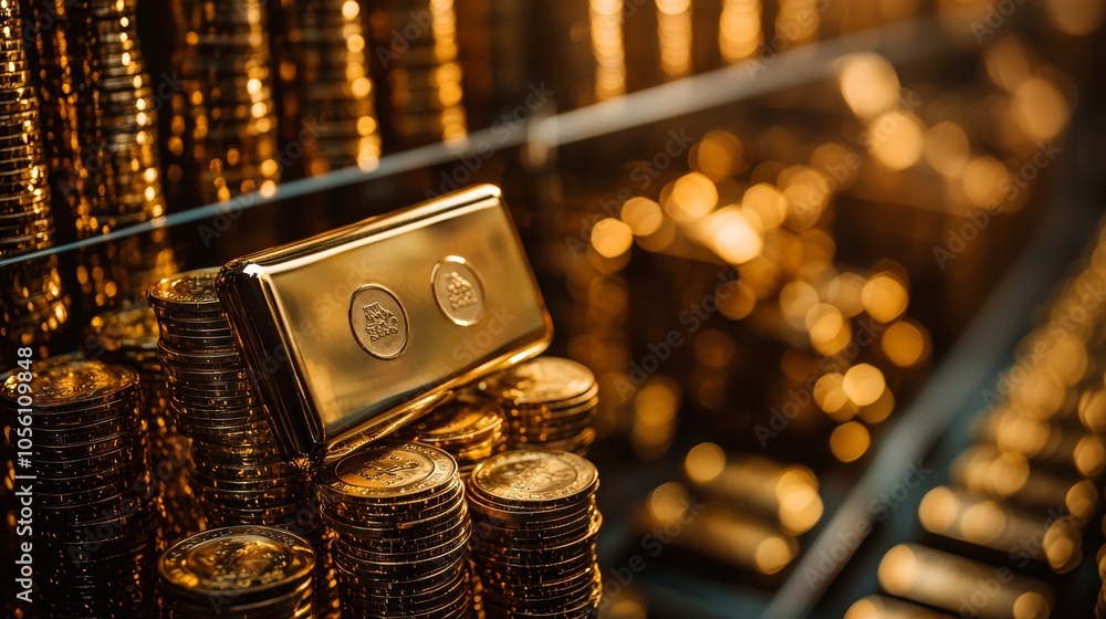 Poster a dazzling array of luxurious gold bars and coins elegantly displayed within a prestigious and wealt