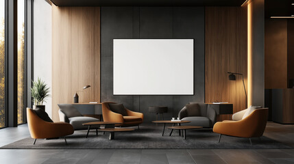 Modern office lobby with contemporary seating, wooden accents, large windows, and a blank wall for display or artwork, creating a minimalist and spacious environment.