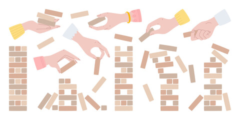 Wooden tower jenga table game set with human hands building construction with brick elements