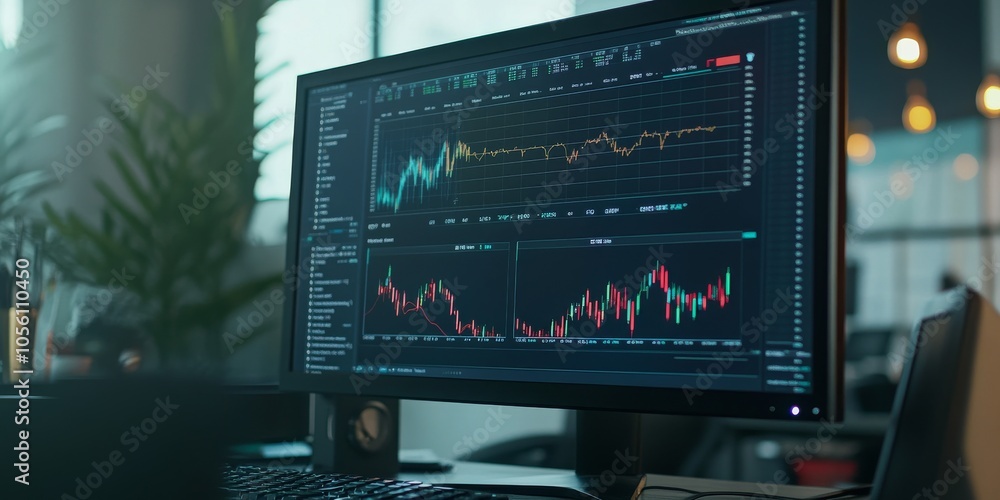Poster a computer screen shows graphs and charts representing business data. this illustrates how financial