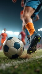 Fototapeta premium A soccer player in motion about to kick a ball on a grass field during a nighttime match. The stadium lights and energetic atmosphere capture the intensity of the sport.