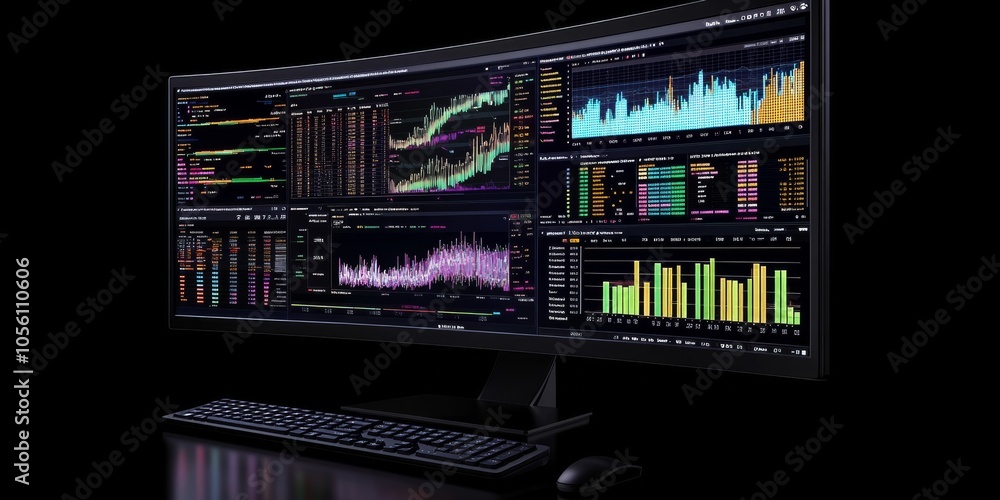 Poster a computer screen shows graphs and charts representing business data. this illustrates how financial