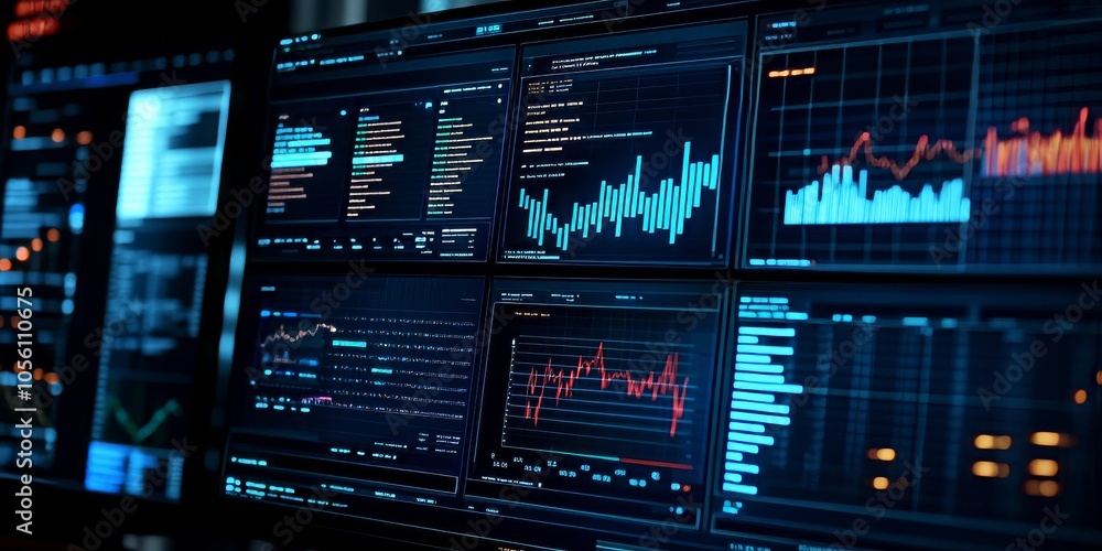 Poster a computer screen shows graphs and charts representing business data. this illustrates how financial