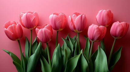 Obraz premium Bouquet of pink tulips flowers on pastel pink background. 