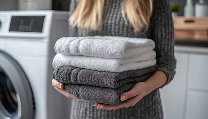 Smiling young housekeeper holding plush towels in laundry room   home cleaning essentials