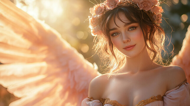 woman in an alluring Halloween angel costume, complete with soft, glowing wings and a halo. The scene evokes a blend of elegance, mystery, and fantasy, perfect for Halloween themes