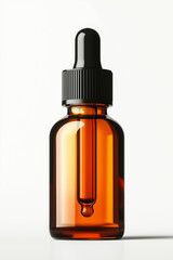 Bottle of face serum with dropper on a white background, orange bottle, product photography, studio lighting.