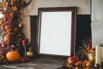 Obraz premium blank dark wooden frame mockup sitting on a fireplace with fall decorations 