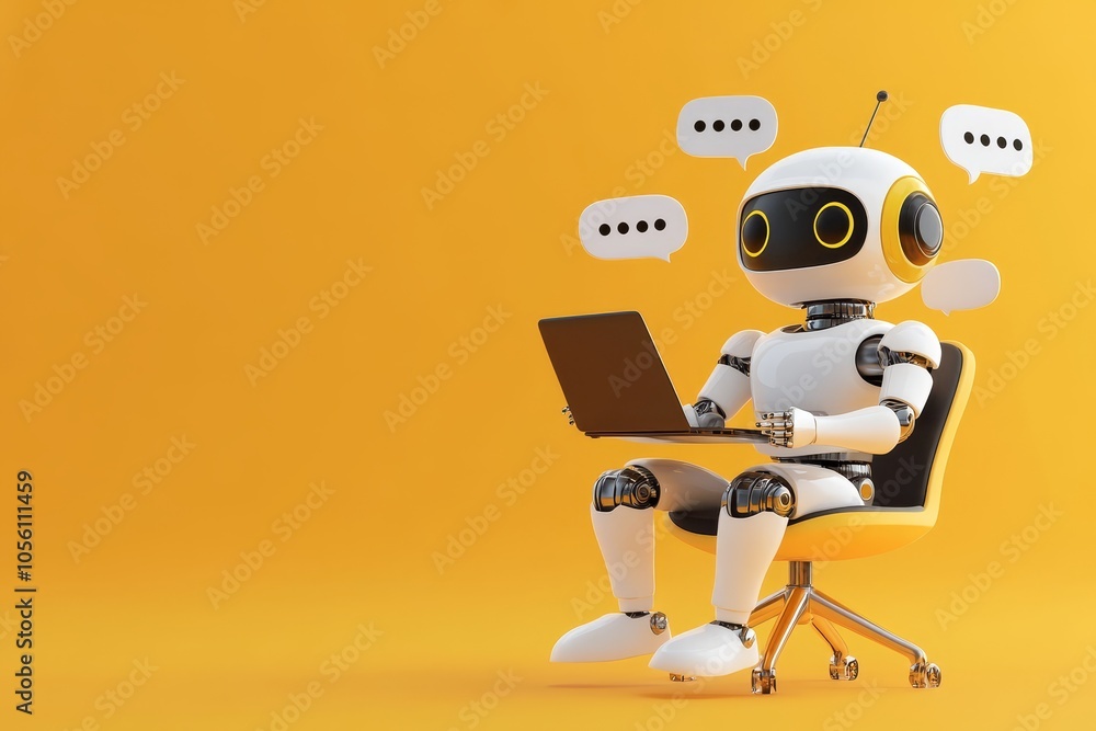Aufkleber 3d illustration of adorable robot engaged in conversation with customer while using laptop
