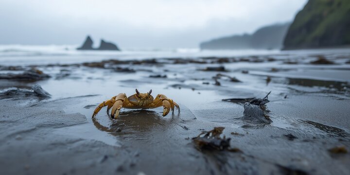 A fiddler crab on a rugged shoreline at low tide in winter