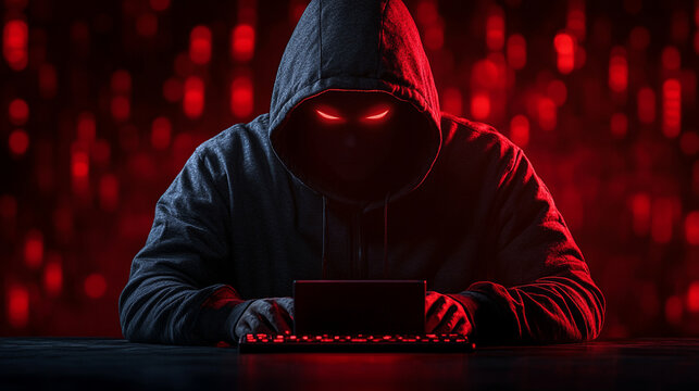 hacker or scammer character sits in a dark room, illuminated by the glow of a computer screen. The figure appears mysterious and concealed, symbolizing digital crime and anonymity