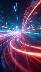 Obraz premium Abstract image of colorful light trails on a road representing speed and motion. The image creates a futuristic, high-tech feel with its bright neon colors.