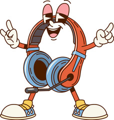 Groovy computer headphones character. Isolated cartoon vector pair of earphones with a happy face, standing excitement gestures and cheerful smile. Vintage nostalgic music equipment retro personage
