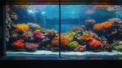 Colorful coral reef showcasing vibrant marine life at the aquarium during the day