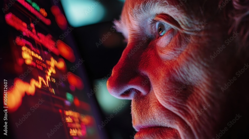 Poster close-up of a senior man's face illuminated by a computer screen displaying financial data.