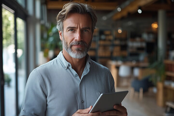 A logistics manager, casually dressed, holding a tablet and checking inventory in a warehouse, focused expression, bright light from windows behind and space for text on the right