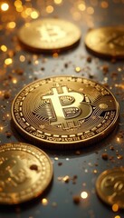 A collection of gold bitcoins placed on a sparkling surface, highlighting the value and prominence of cryptocurrency. The image exudes wealth and luxury.