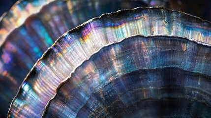 Black Shell Background: Elegant Iridescent Shell Textures with Wavy Lines and Shimmering Pearlescent Patterns - Abstract Iridescent Shell-like Layers with Rainbow Colors - Close-Up Macro Photograph