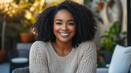 photo of an african american woman in her late thirties, plus size and smiling sitting on the terrace of rooftop patio with modern outdoor furniture, wearing neutral colored ,