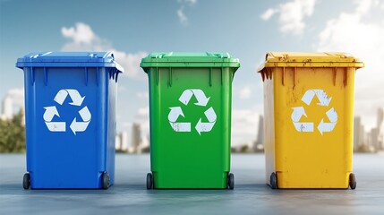Sorting Waste Bins: A close-up of blue, green, and yellow recycling bins with labels for plastic, glass, and paper. The bins are slightly weathered