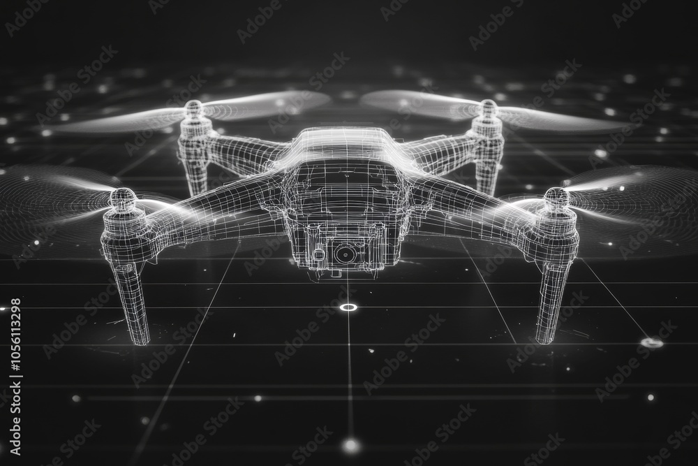 Poster detailed 3d wireframe blueprint of a quadcopter drone for technical analysis and design
