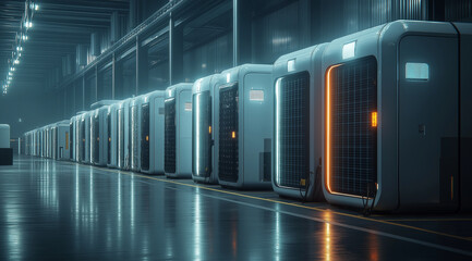 A row of high-tech, futuristic-looking smart storage boxes with solar panels on the sides in an empty warehouse. The scene is illuminated by soft light and features a sleek design.