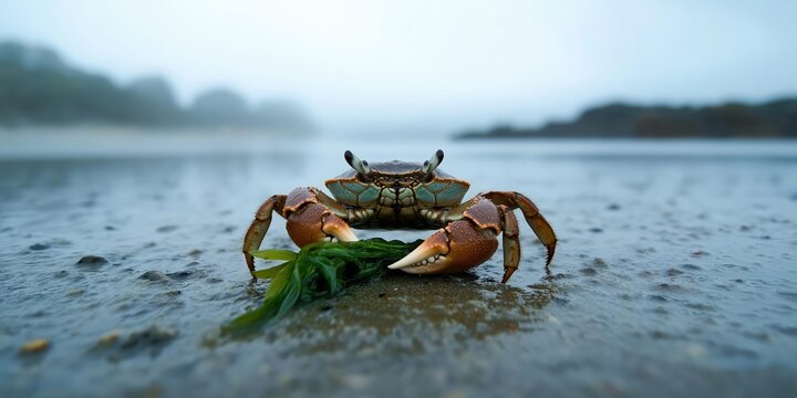 A sand crab holding a piece of seaweed on a foggy beach