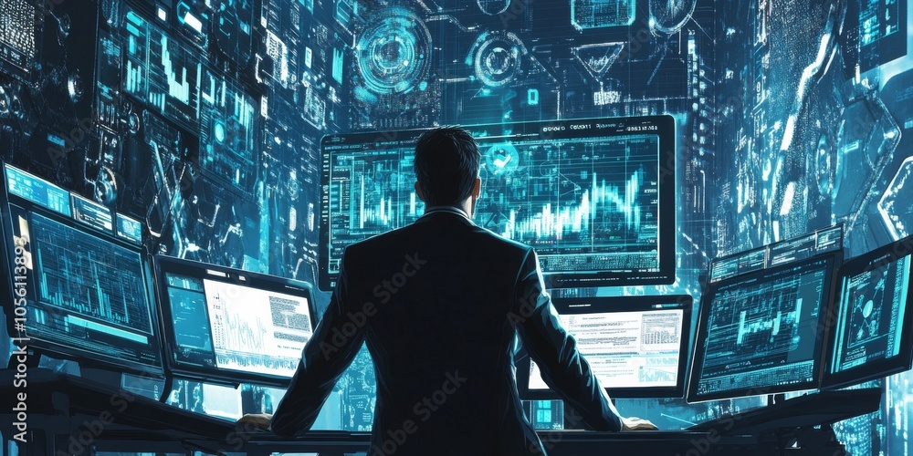 Poster the businessman uses computer software to analyze data and manage information. this helps him make d