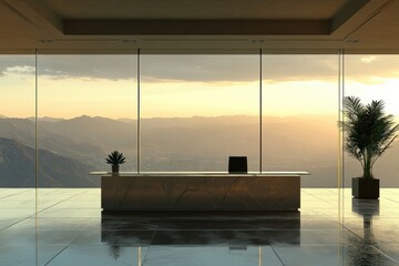 modern office decor, a modern minimalist office with a sleek glass desk, a solitary succulent, and a panoramic view from a sizable window