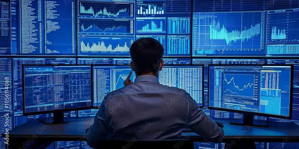 Poster the businessman uses computer software to analyze data and manage information. this helps him make d