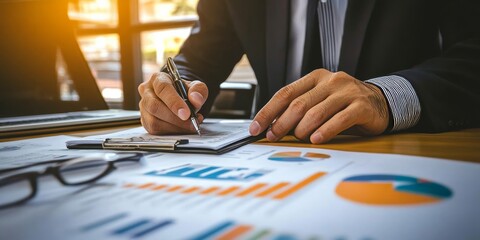 The businessman uses computer software to analyze data and manage information. This helps him make decisions about finances, operations, and sales, all based on the information collected.