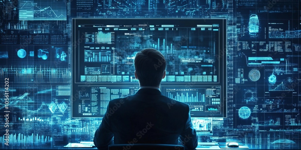 Poster the businessman uses computer software to analyze data and manage information. this helps him make d