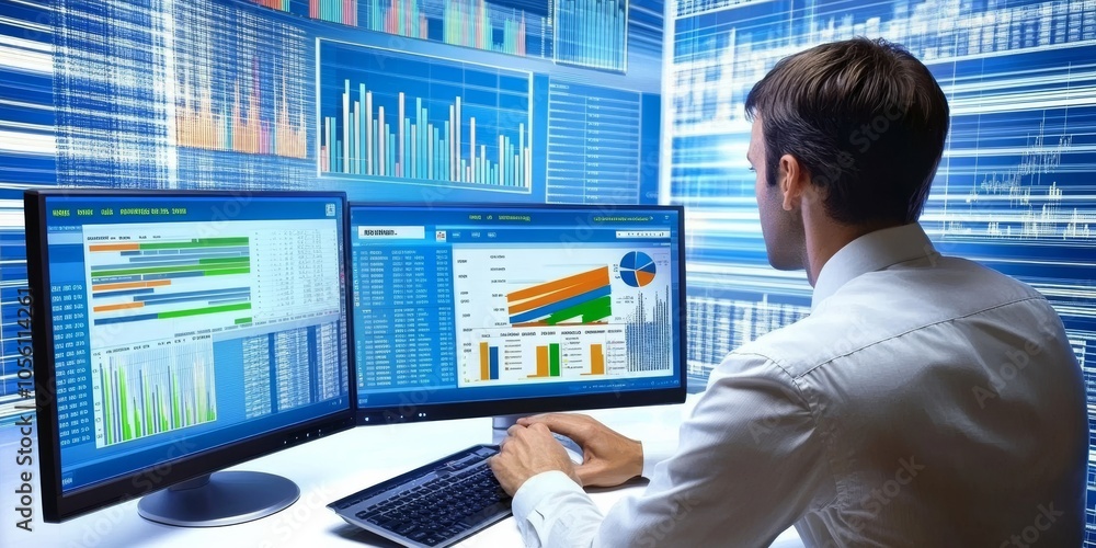 Aufkleber the businessman uses computer software to analyze data and manage information. this helps him make d