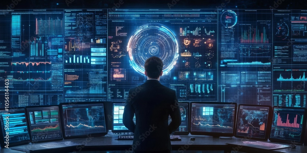 Poster the businessman uses computer software to analyze data and manage information. this helps him make d