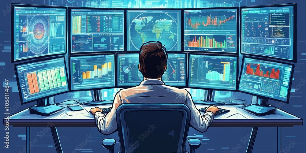 Aufkleber the businessman uses computer software to analyze data and manage information. this helps him make d