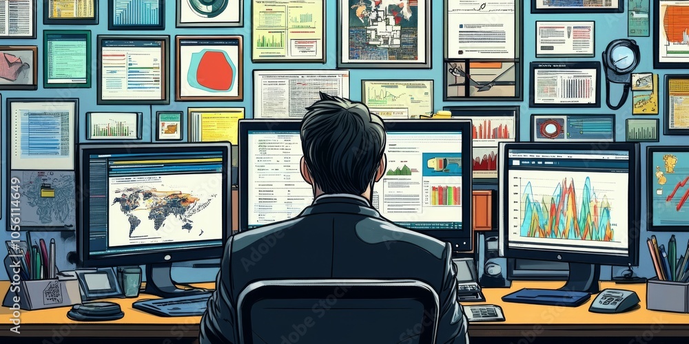 Aufkleber the businessman uses computer software to analyze data and manage information. this helps him make d