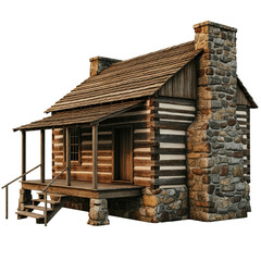 Primitive Log Cabin, Rustic House with Stone Chimney & Foundation, Old Wood, Isolated Transparent png