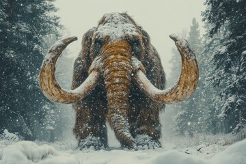 Obraz premium Realistic Photograph of a Mammoth Standing in Snow with Dramatic Lighting and Long Tusks