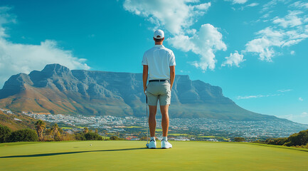 Fototapeta premium A young man in shorts and golf shoes stands on the green, overlooking beautiful mountains and blue sky, enjoying his game of golf at a luxury country club in Cape Town. 