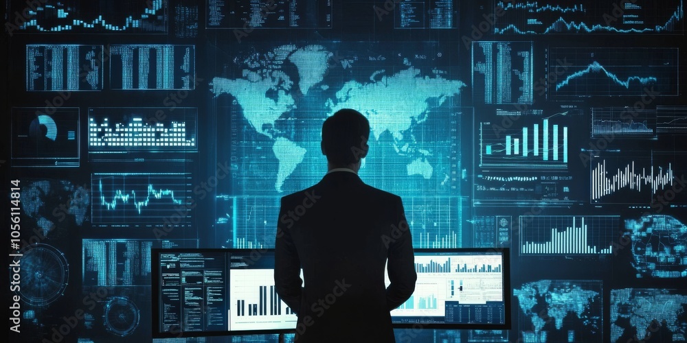 Poster the businessman uses computer software to analyze data and manage information. this helps him make d
