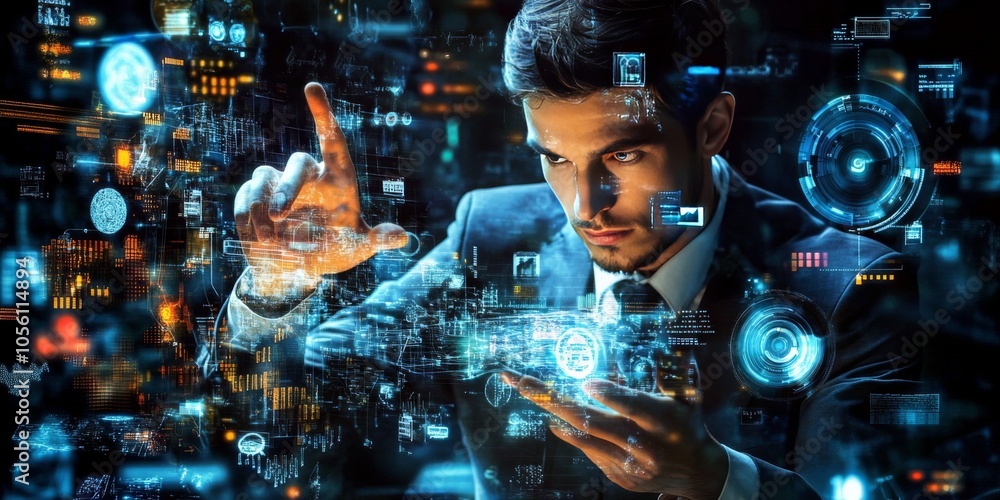 Poster the businessman uses computer software to analyze data and manage information. this helps him make d