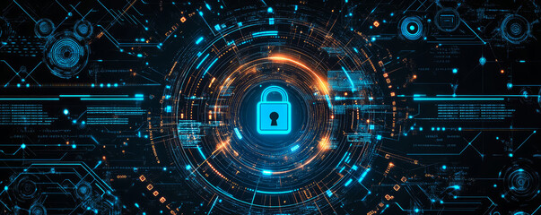 Blue padlock lock on digital futuristic glowing tech circle background. Cyber security and protection of private information and data concept. Firewall antivirus from hacker attack.