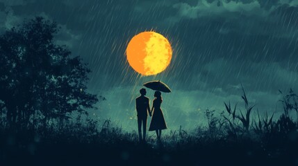 Lofi night vibes  a passionate couple shares love and warmth under rainy moonlight together