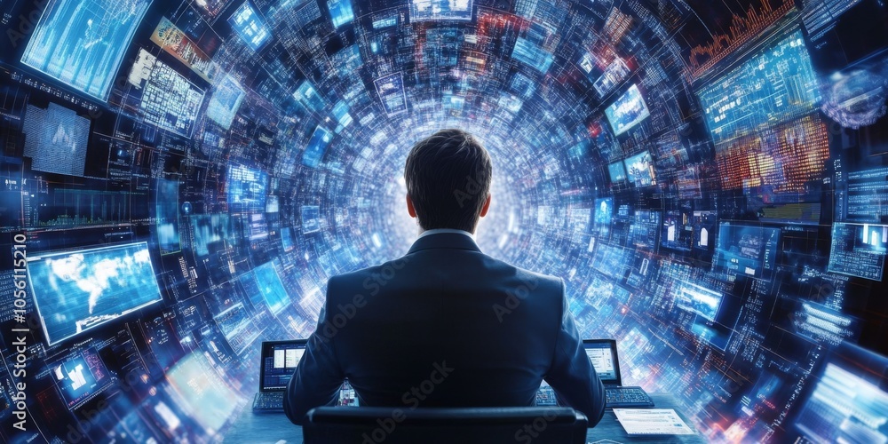 Poster the businessman uses computer software to analyze data and manage information. this helps him make d